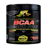 A black NPL BCAA Amino Pro container with bold red, white, and yellow text highlights a 2:1:1 BCAA ratio for muscle recovery—10,000 mg per serving, 360g total (20 servings), in strawberry litchi flavor.